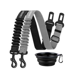 2 Dog Car Seat Belts Grey & Black With Travel Water Bowl Collapsable Set Brand